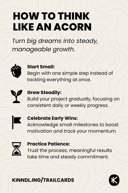 Trail card titled “How to Think Like an Acorn” about starting small and growing steadily.